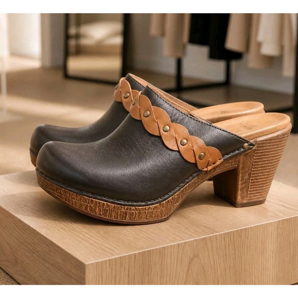 Dansko Ranch Black Leather Brown Braided Strap Mules EU 38 US 7.5-8 EUC